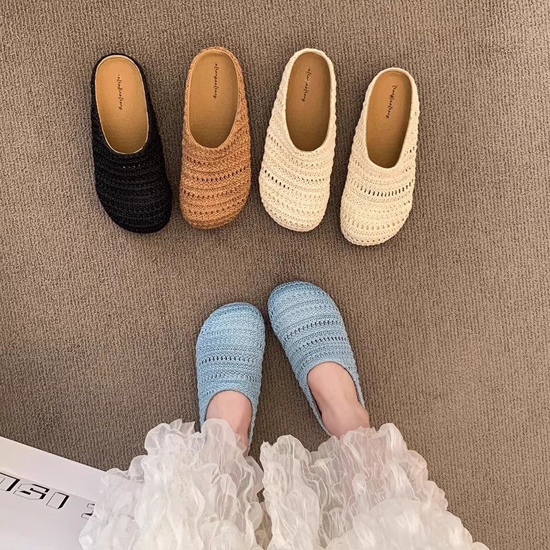 Mule Slip On - شباشب نسائية منسوجة من الرافيا، صنادل