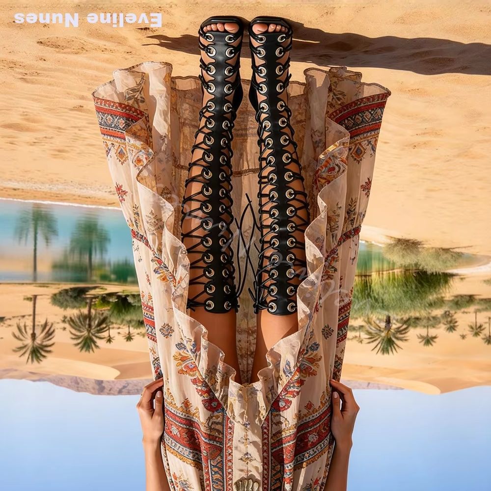 صنادل نسائية بتصميم جلادياتور  - مراجعة Knee High Boots Women وسعره