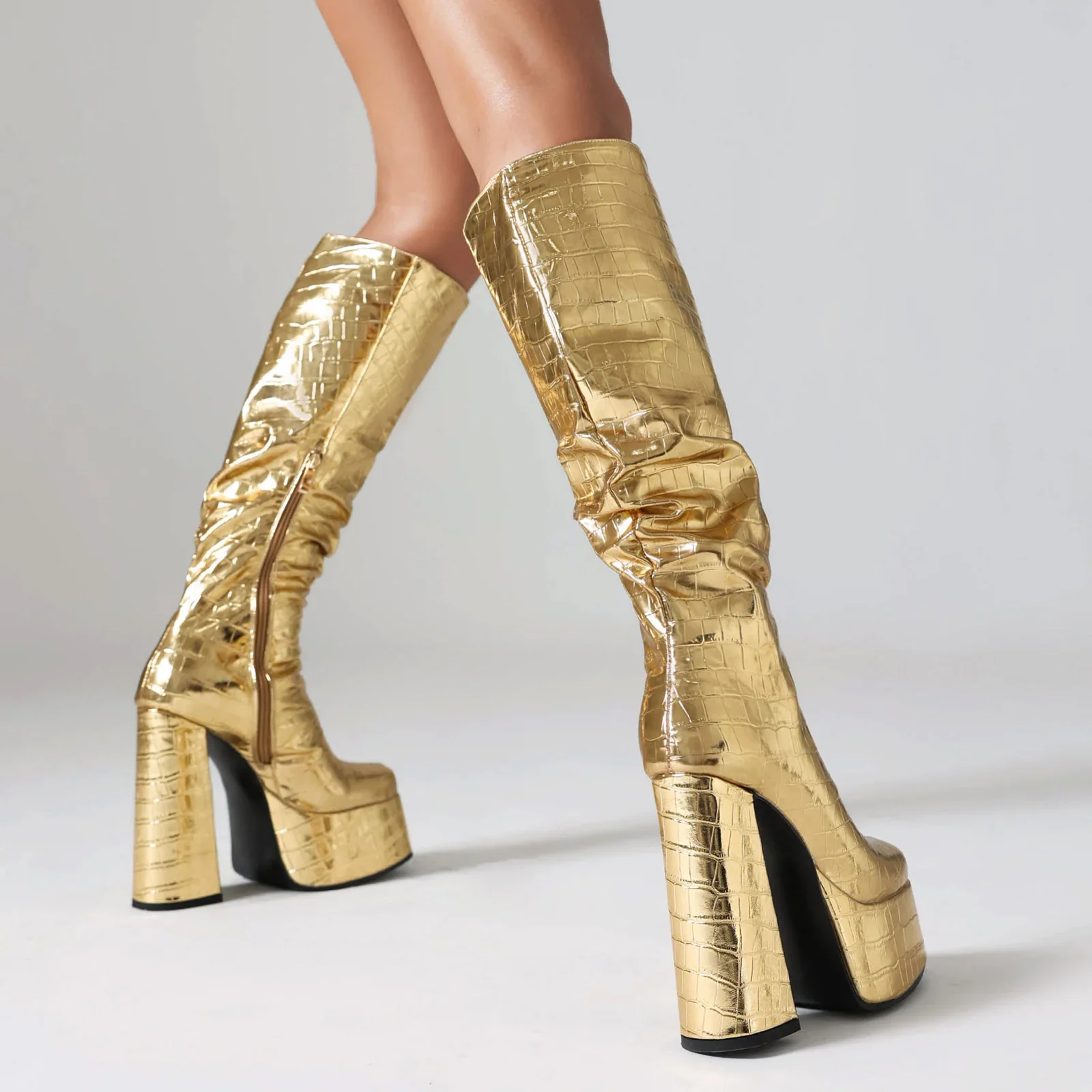 لامعة الفضة النساء مطوي منصة ح - مراجعة Knee High Boots Women وسعره
